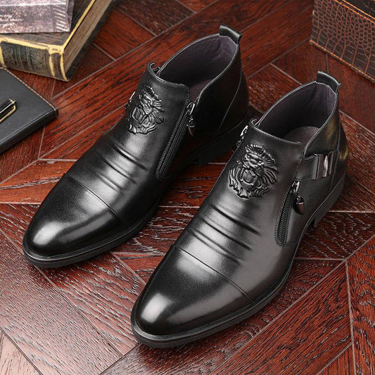 Men's Leather Ankle Boots with Double Side Zipper and Pointed Toe