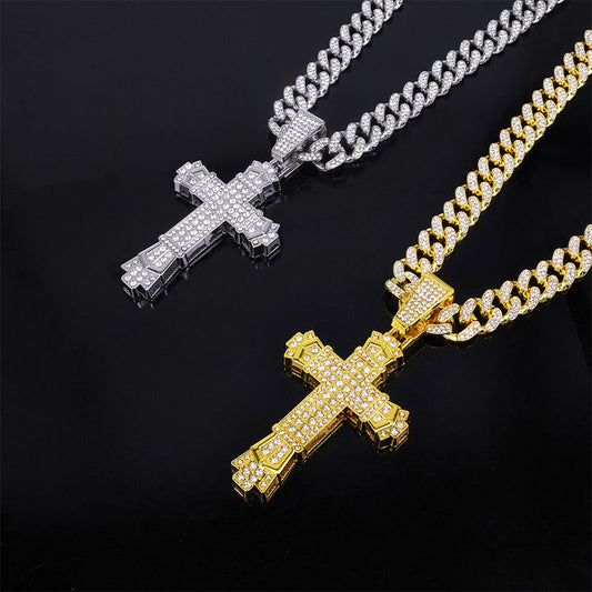 Collier avec Pendentif Croix Audacieux en Strass au Style Hip-hop