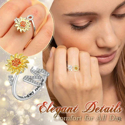 Bague Ajustable avec Lettre et Tournesol Rotatif