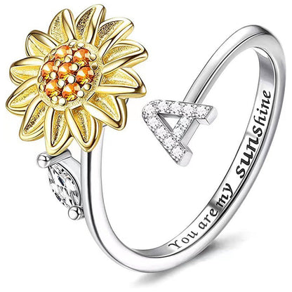 Bague Ajustable avec Lettre et Tournesol Rotatif