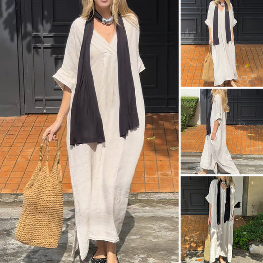 1/2 Sleeve & V-Neck Cotton-Linen Maxi Dress
